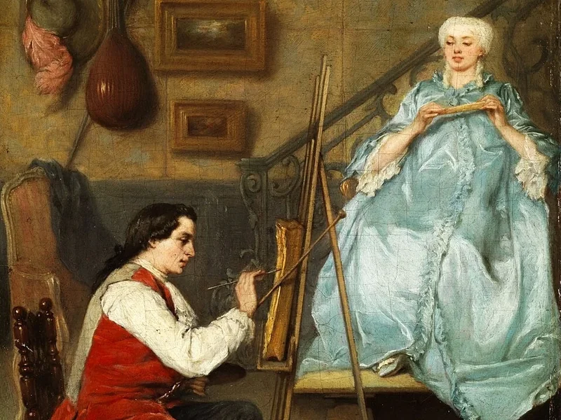 1826-Eugène Fichel - Giovane pittore ritrae una giovane donna in abito di seta blu